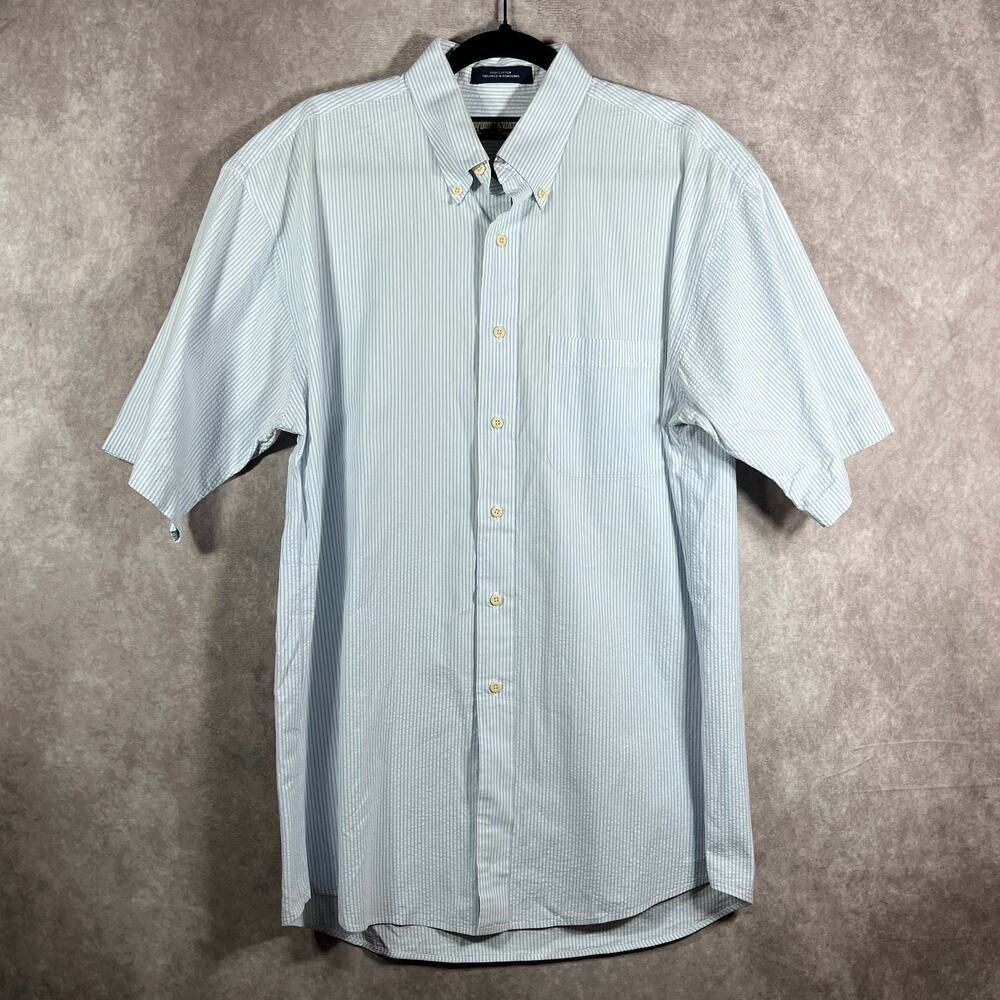 Woods & Water Shirt Mens Large Blue White Striped Seersucker Preppy Coastal